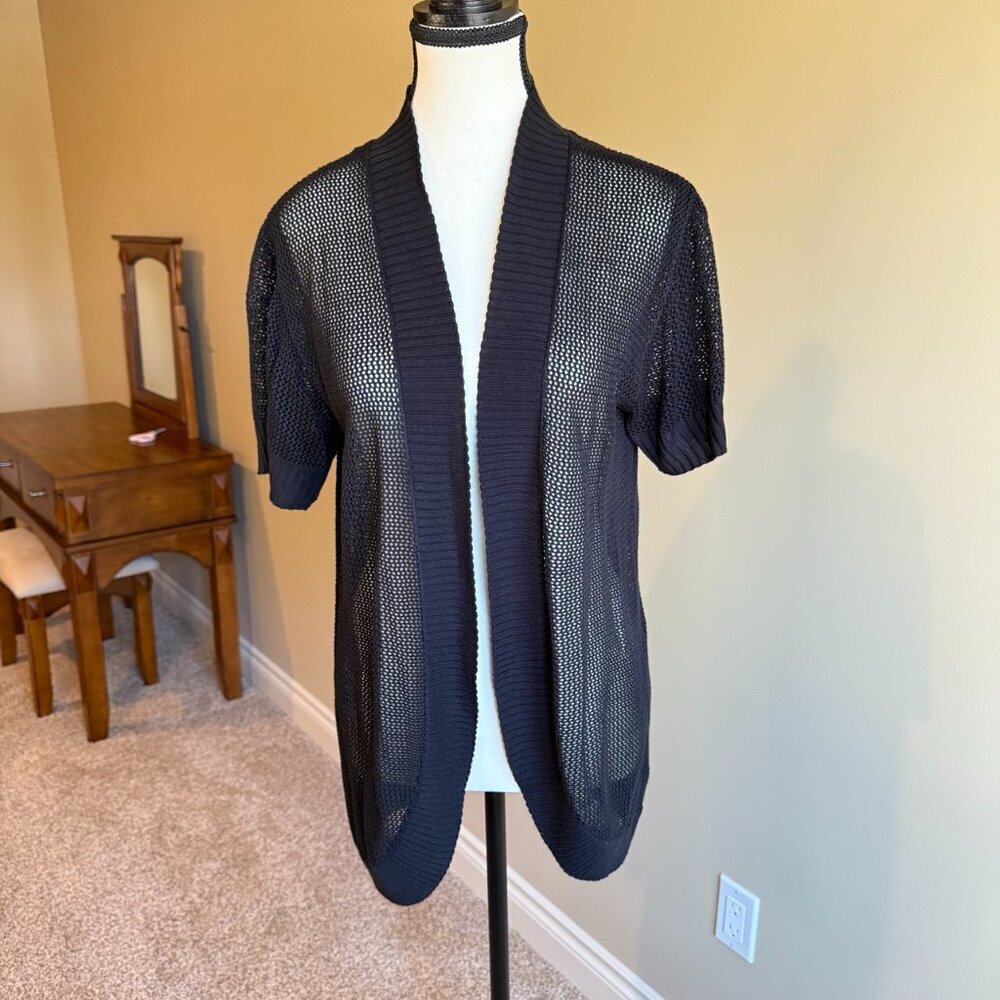 George short sleeved black long sweater crochet look office casual